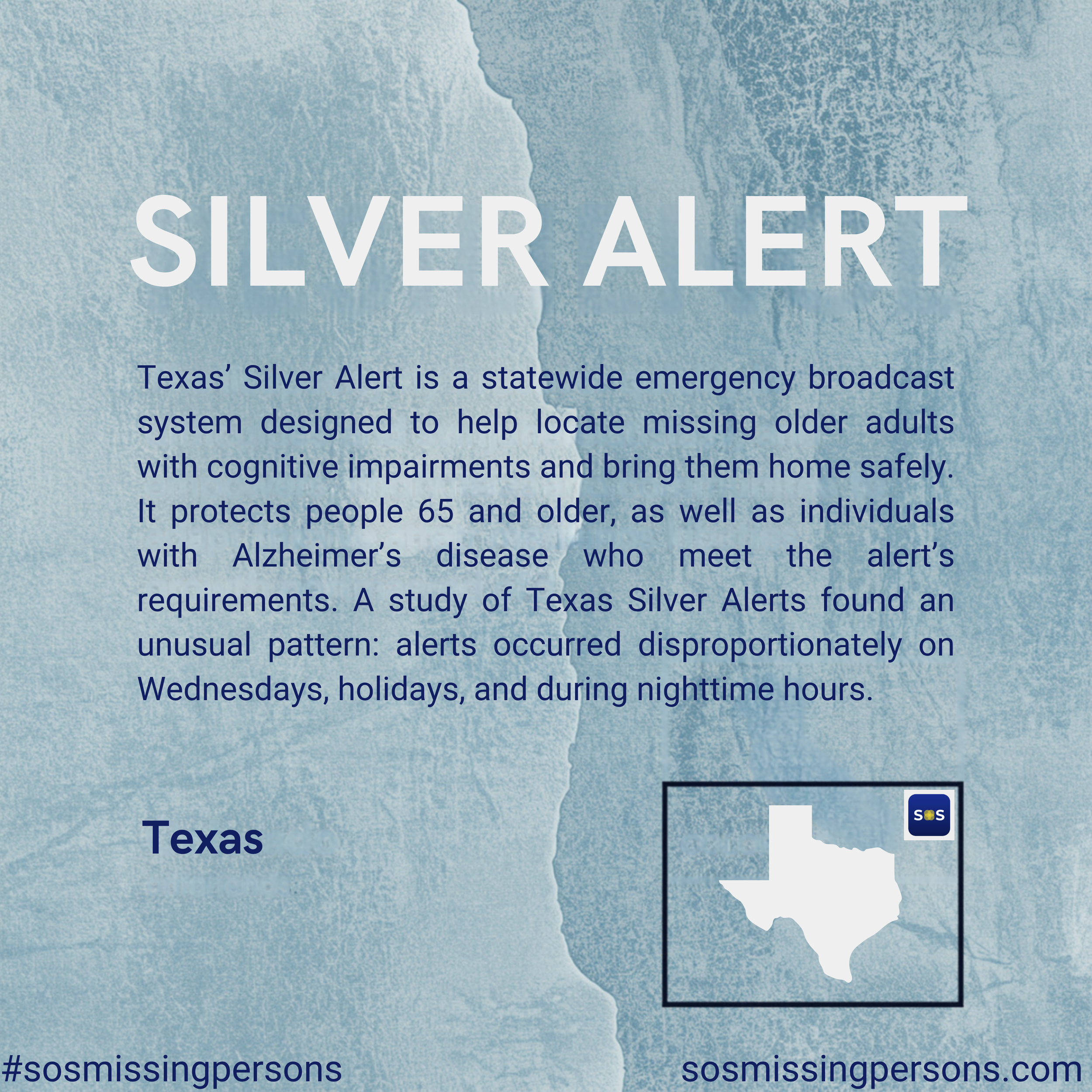 Texas’ Silver Alert is a statewide emergency broadcast system designed to help locate missing older adults with cognitive impairments and bring them home safely. It protects people 65 and older, as well as individuals with Alzheimer’s disease who mee