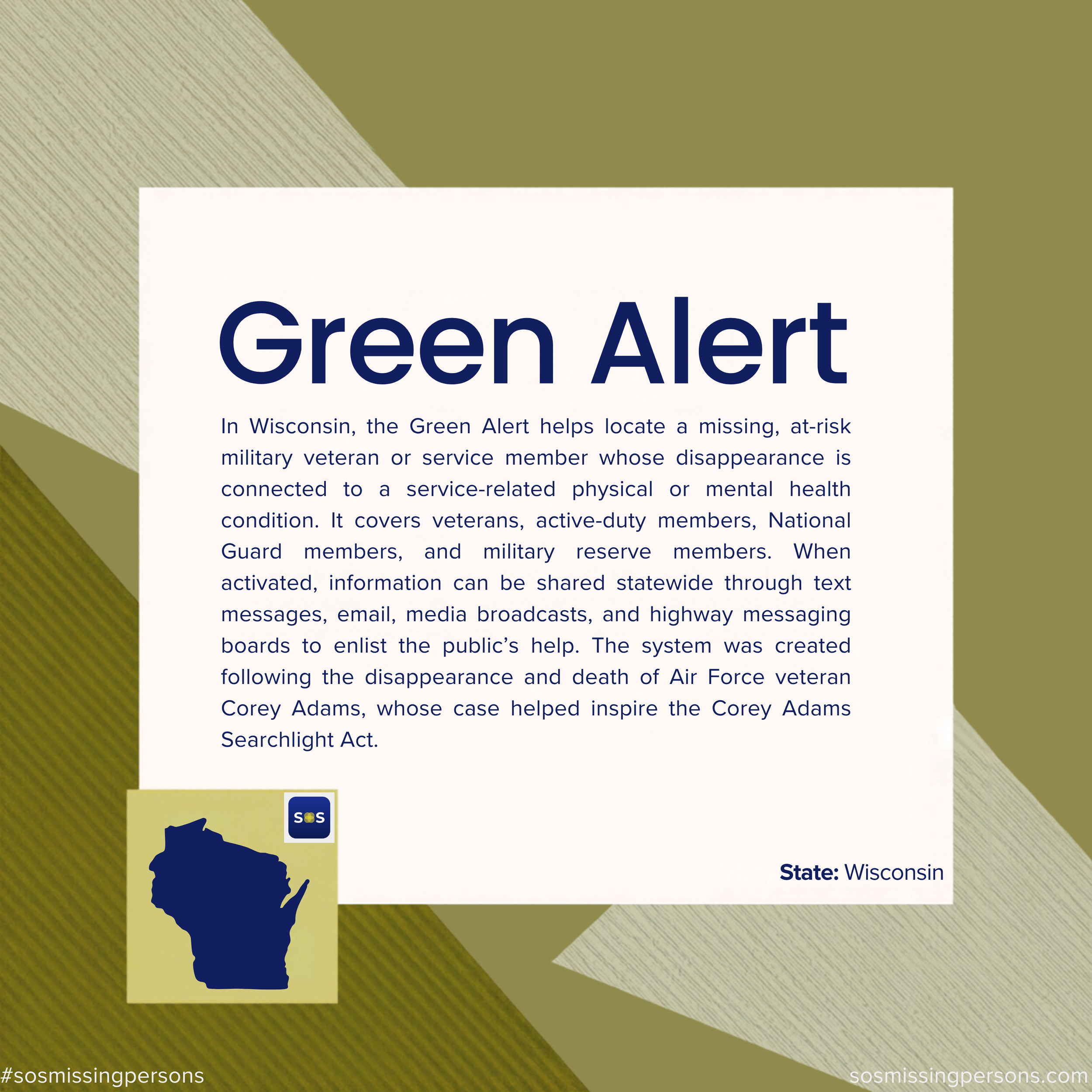 In Wisconsin, the Green Alert helps locate a missing, at-risk military veteran or service member whose disappearance is connected to a service-related physical or mental health condition. It covers veterans, active-duty members, National Guard member