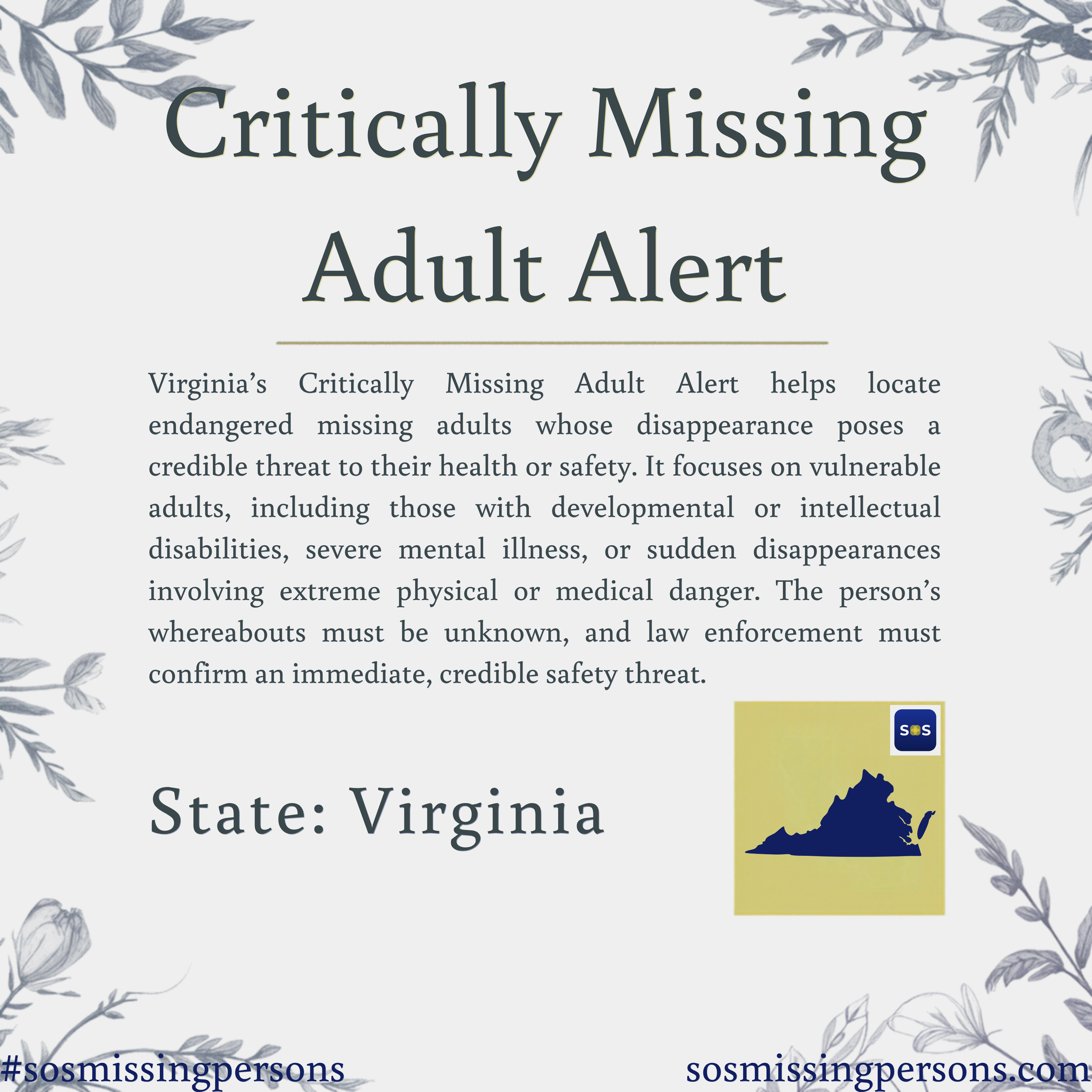 Virginia’s Critically Missing Adult Alert helps locate endangered missing adults whose disappearance poses a credible threat to their health or safety. It focuses on vulnerable adults, including those with developmental or intellectual disabilities, 