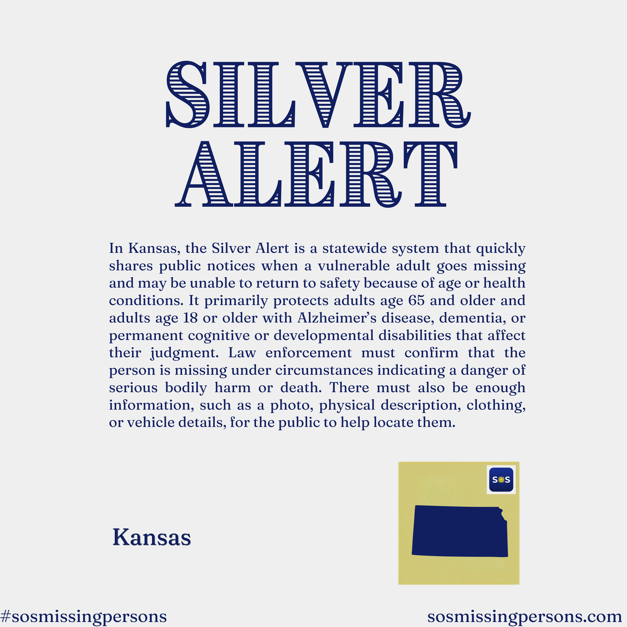 In Kansas, the Silver Alert is a statewide system that quickly shares public notices when a vulnerable adult goes missing and may be unable to return to safety because of age or health conditions. It primarily protects adults age 65 and older and adu
