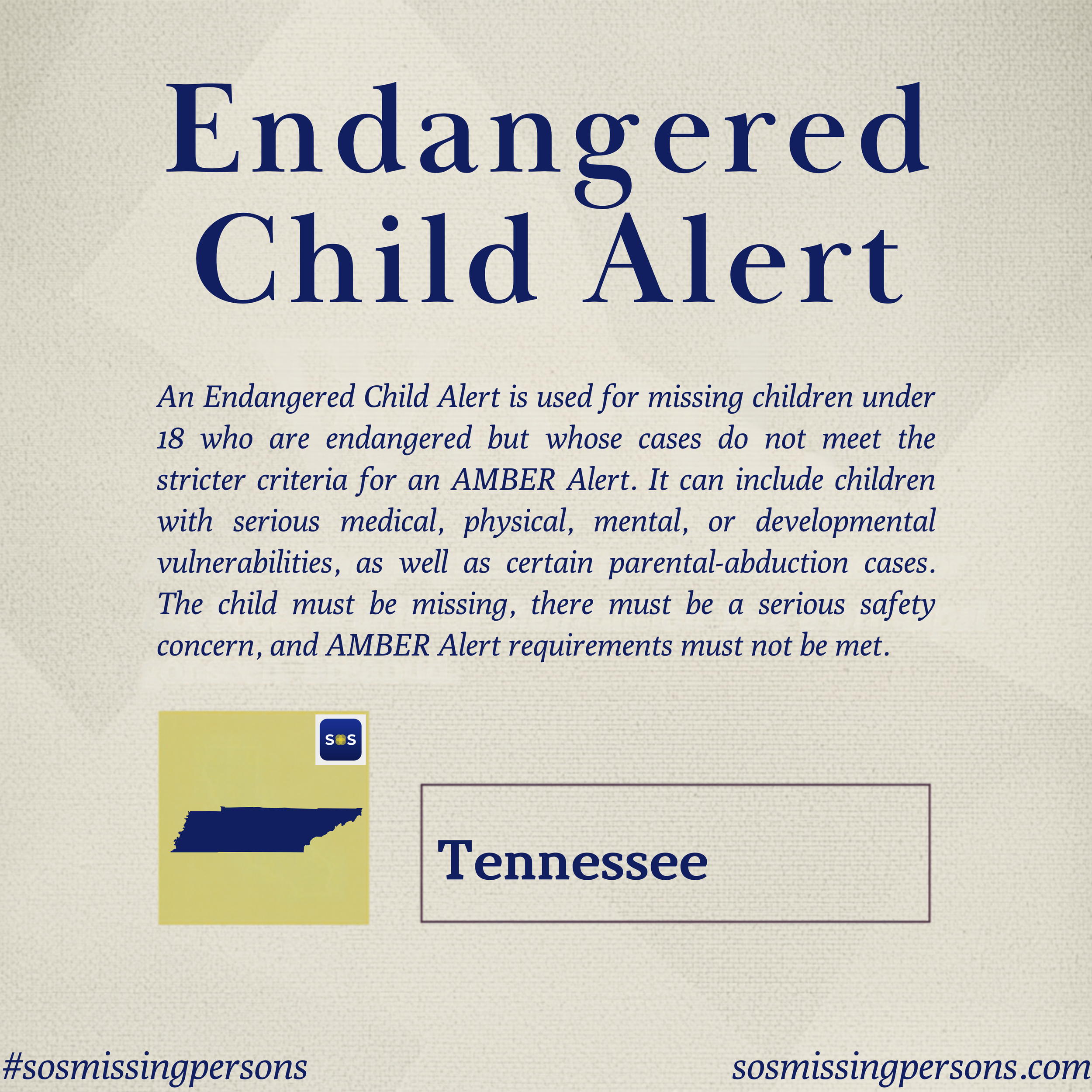 An Endangered Child Alert is used for missing children under 18 who are endangered but whose cases do not meet the stricter criteria for an AMBER Alert. It can include children with serious medical, physical, mental, or developmental vulnerabilities,