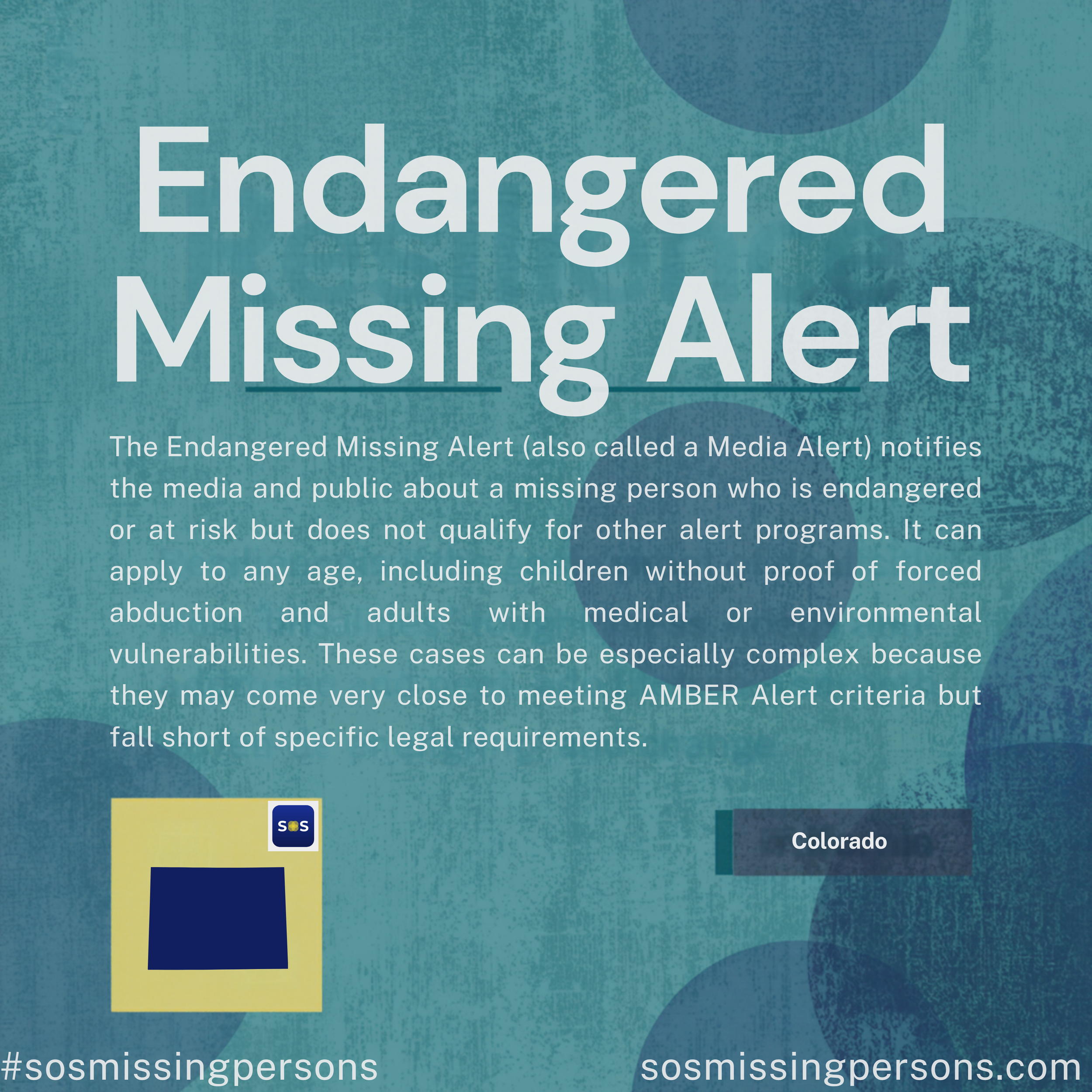 The Endangered Missing Alert (also called a Media Alert) notifies the media and public about a missing person who is endangered or at risk but does not qualify for other alert programs. It can apply to any age, including children without proof of for