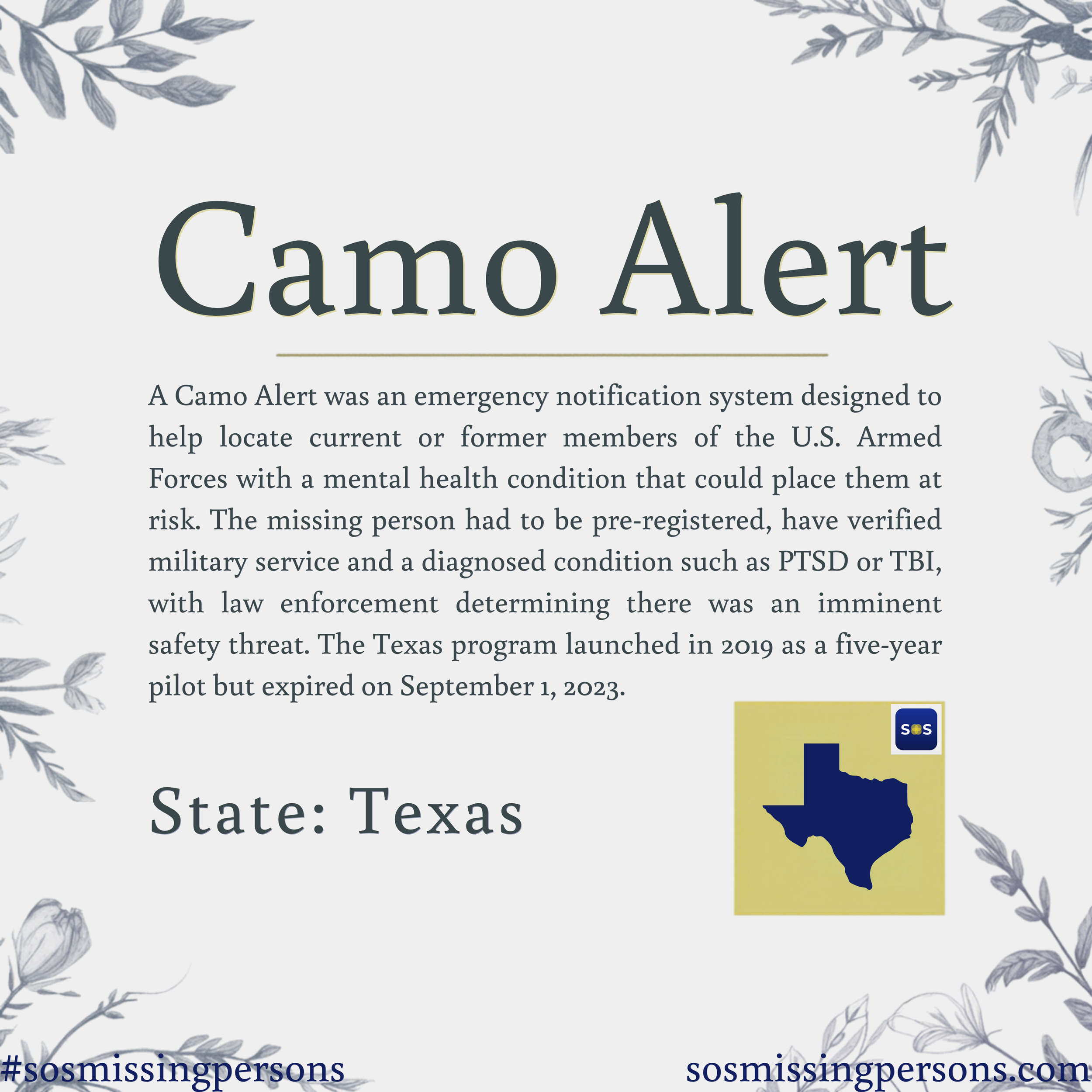 A Camo Alert was an emergency notification system designed to help locate current or former members of the U.S. Armed Forces with a mental health condition that could place them at risk. The missing person had to be pre-registered, have verified mili