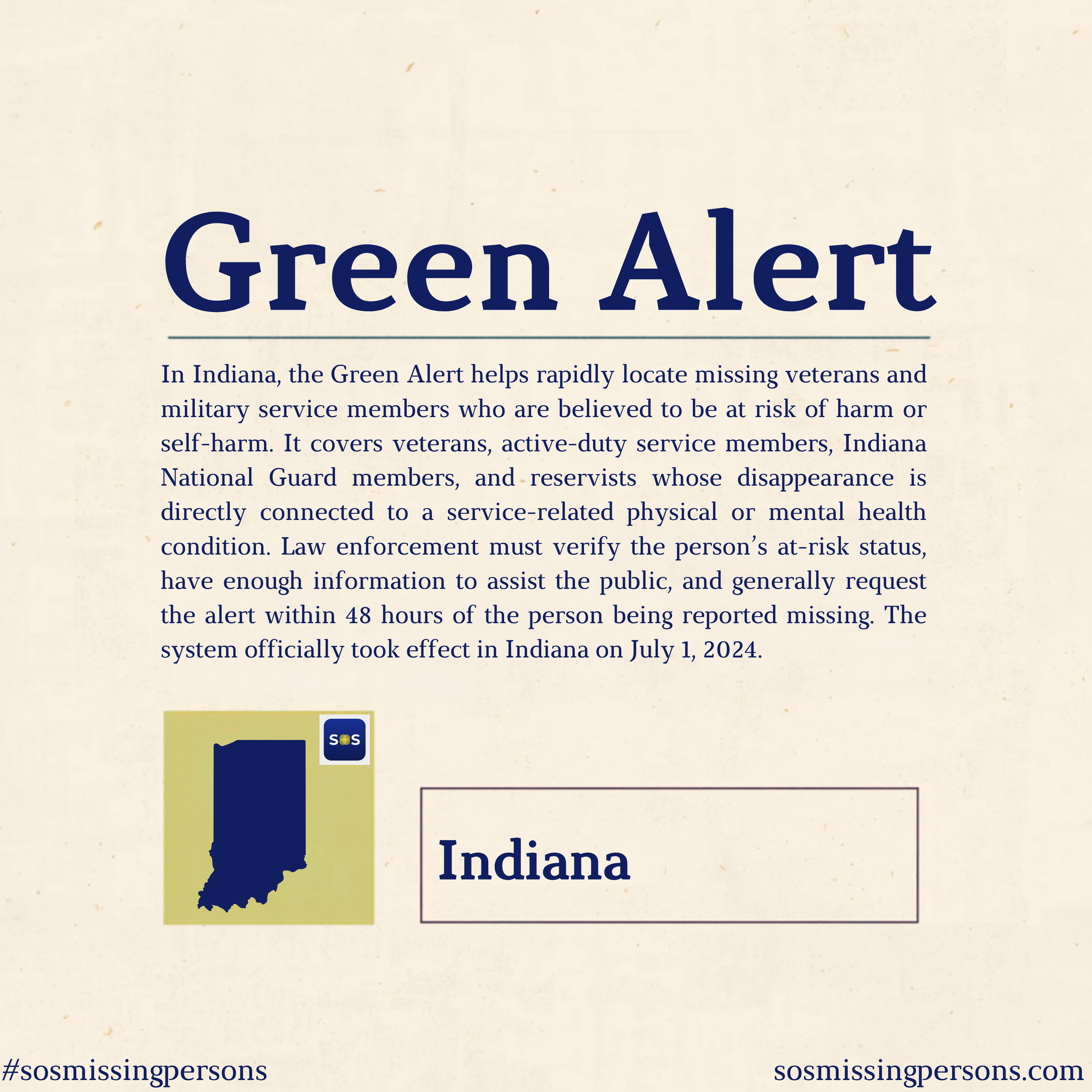 In Indiana, the Green Alert helps rapidly locate missing veterans and military service members who are believed to be at risk of harm or self-harm. It covers veterans, active-duty service members, Indiana National Guard members, and reservists whose 