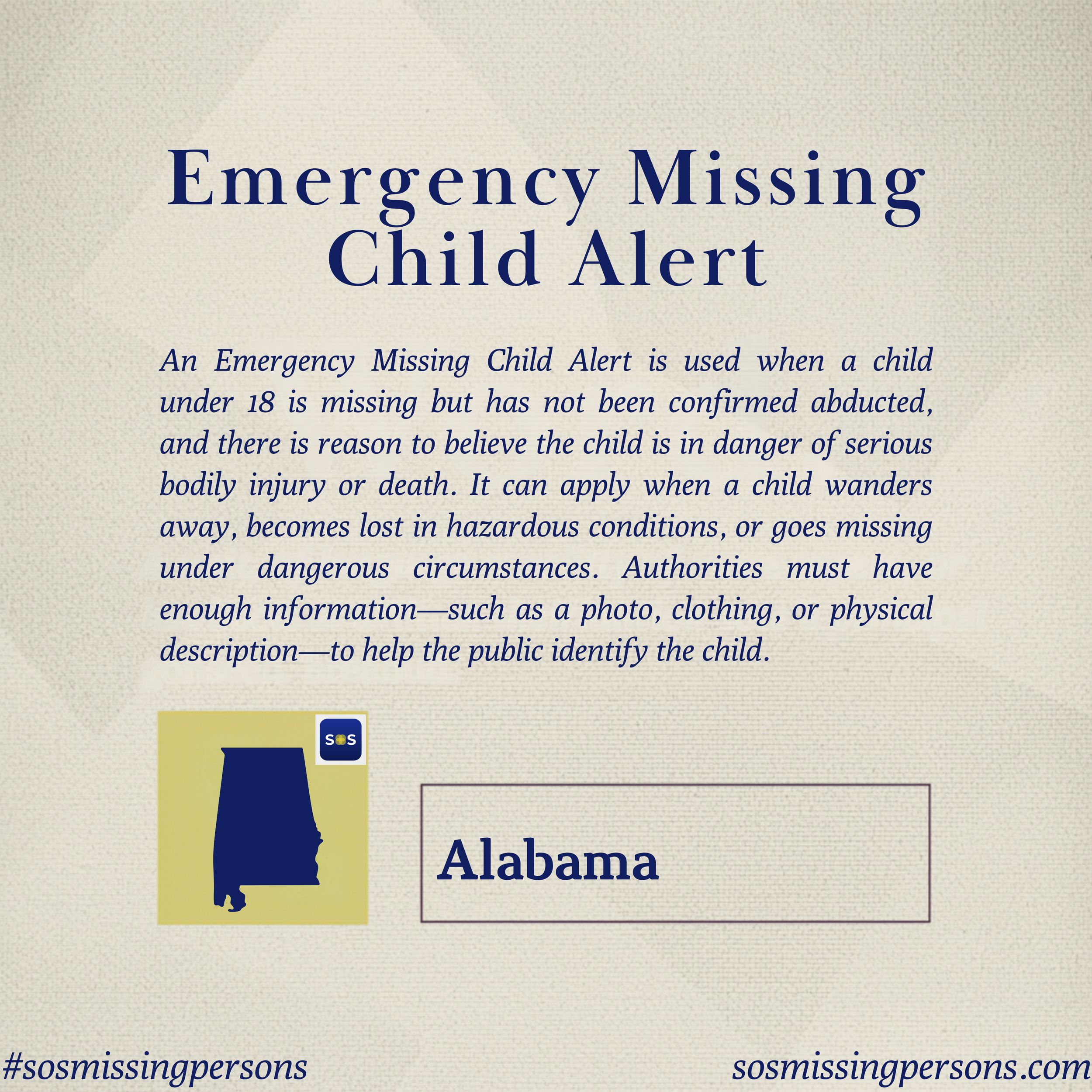 An Emergency Missing Child Alert is used when a child under 18 is missing but has not been confirmed abducted, and there is reason to believe the child is in danger of serious bodily injury or death. It can apply when a child wanders away, becomes lo