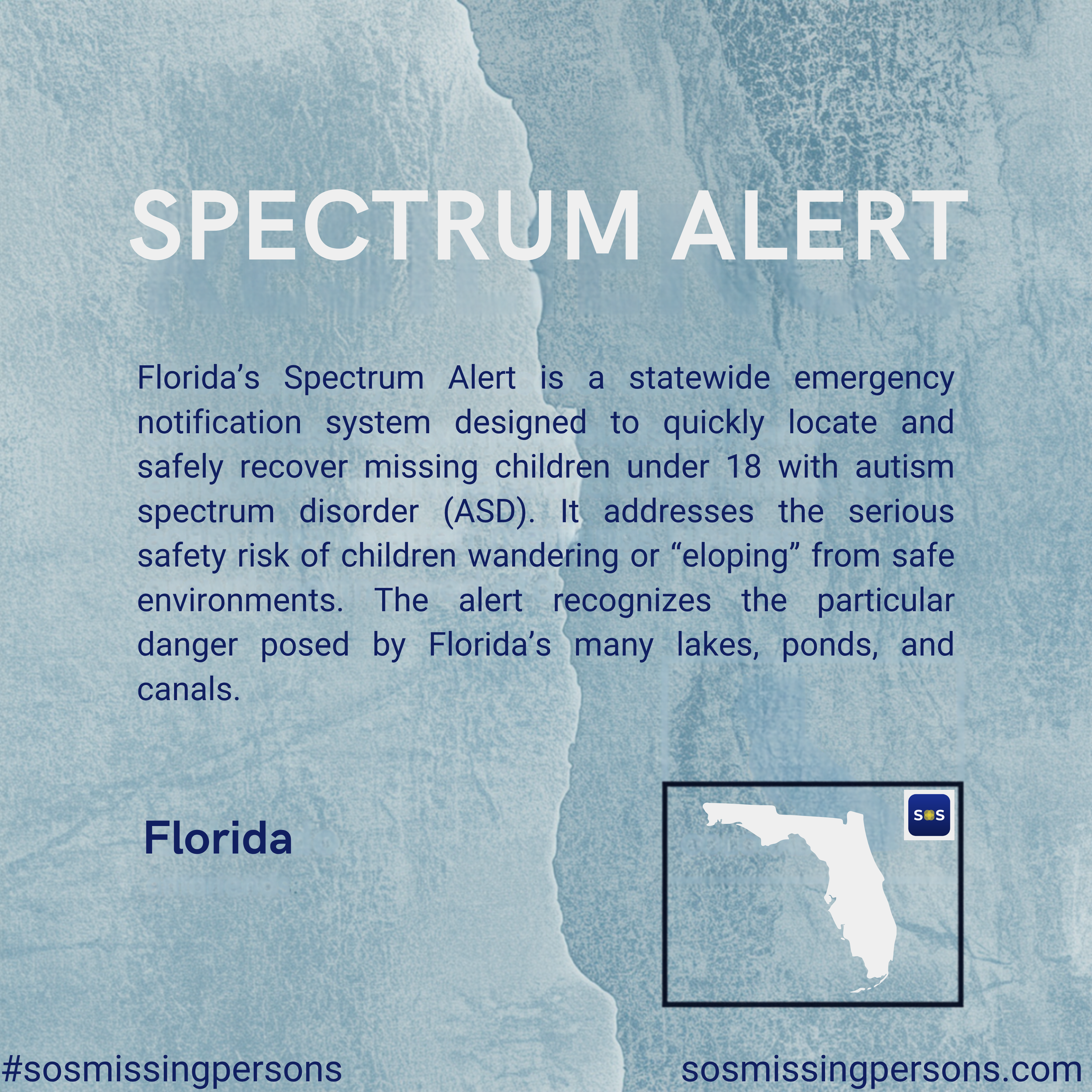 Florida’s Spectrum Alert is a statewide emergency notification system designed to quickly locate and safely recover missing children under 18 with autism spectrum disorder (ASD). It addresses the serious safety risk of children wandering or “eloping”