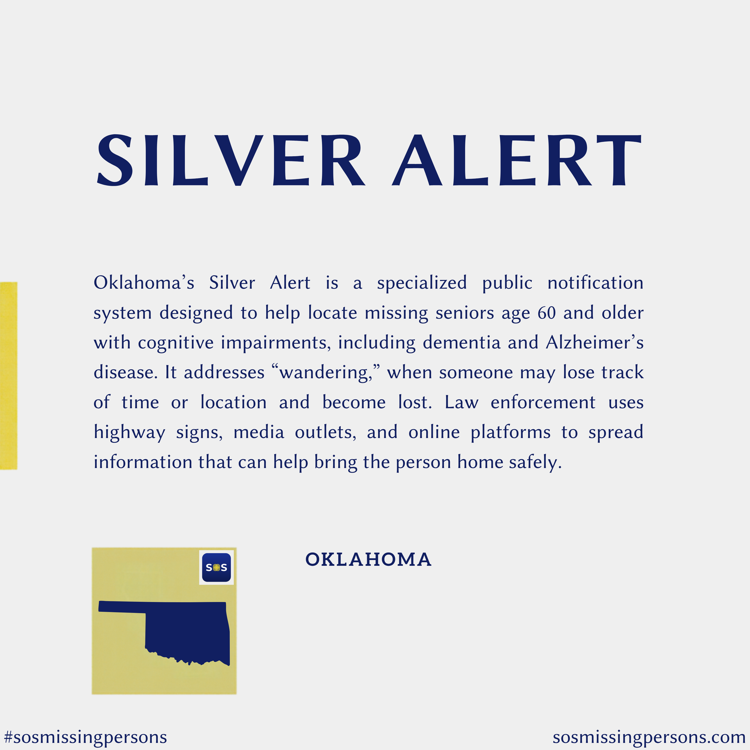 Oklahoma’s Silver Alert is a specialized public notification system designed to help locate missing seniors age 60 and older with cognitive impairments, including dementia and Alzheimer’s disease. It addresses “wandering,” when someone may lose track