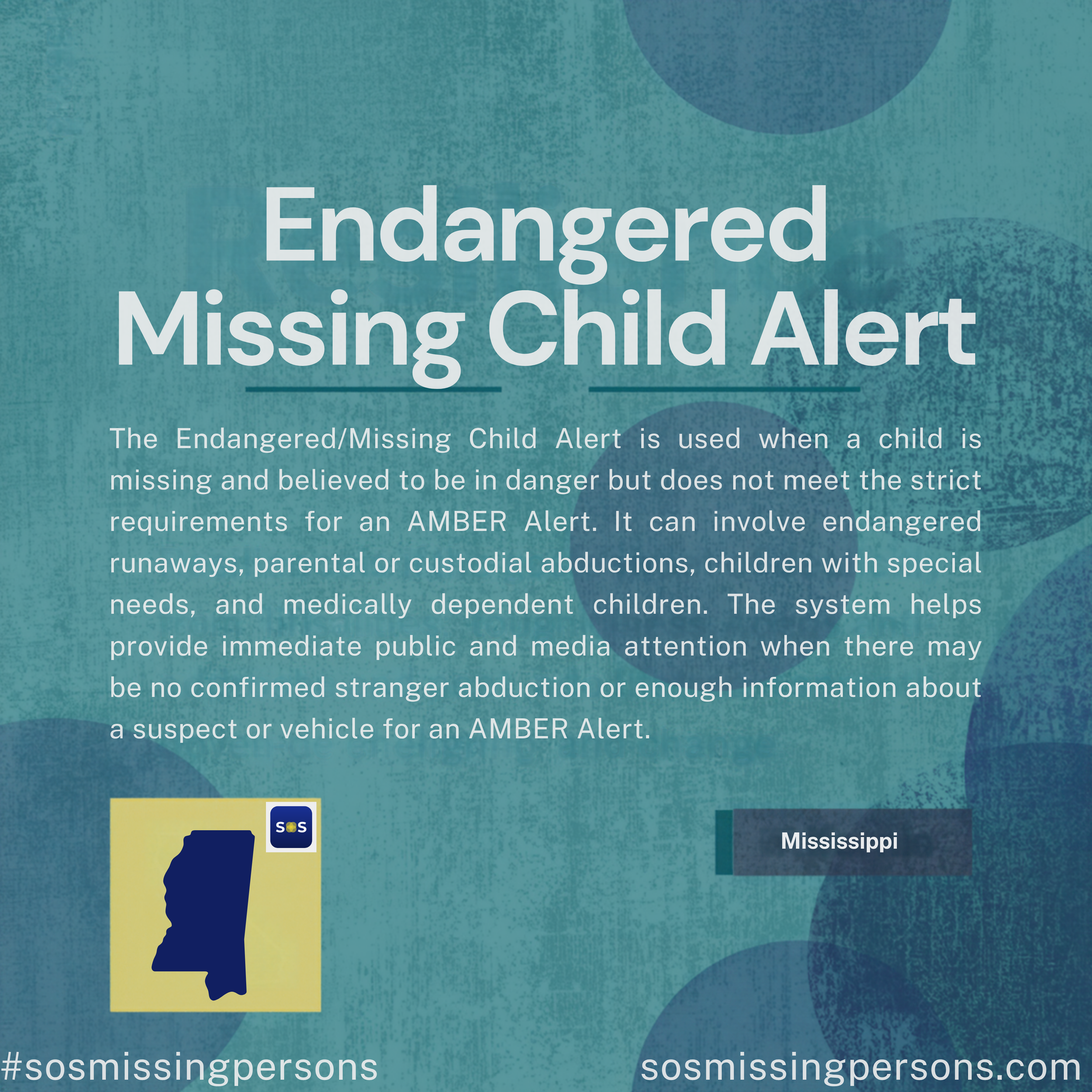 The Endangered/Missing Child Alert is used when a child is missing and believed to be in danger but does not meet the strict requirements for an AMBER Alert. It can involve endangered runaways, parental or custodial abductions, children with special 