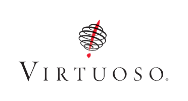 Logo with a red and black stylized tornado and the word Virtuoso beneath it.