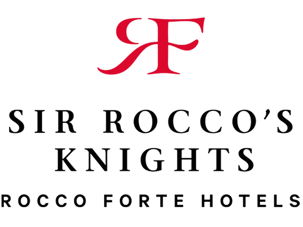 Logo with red stylized letter 'S' at top, the words 'Sir Rocco's Knights' in bold black letters, and 'Rocco Forte Hotels' at the bottom.