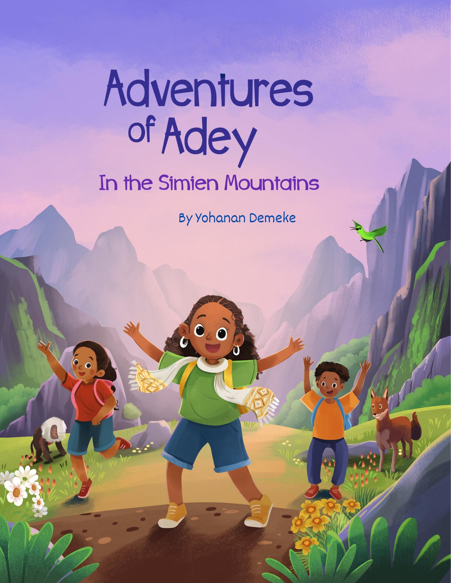 Children in a mountainous landscape with animals, flowers, and green vegetation, smiling and celebrating.