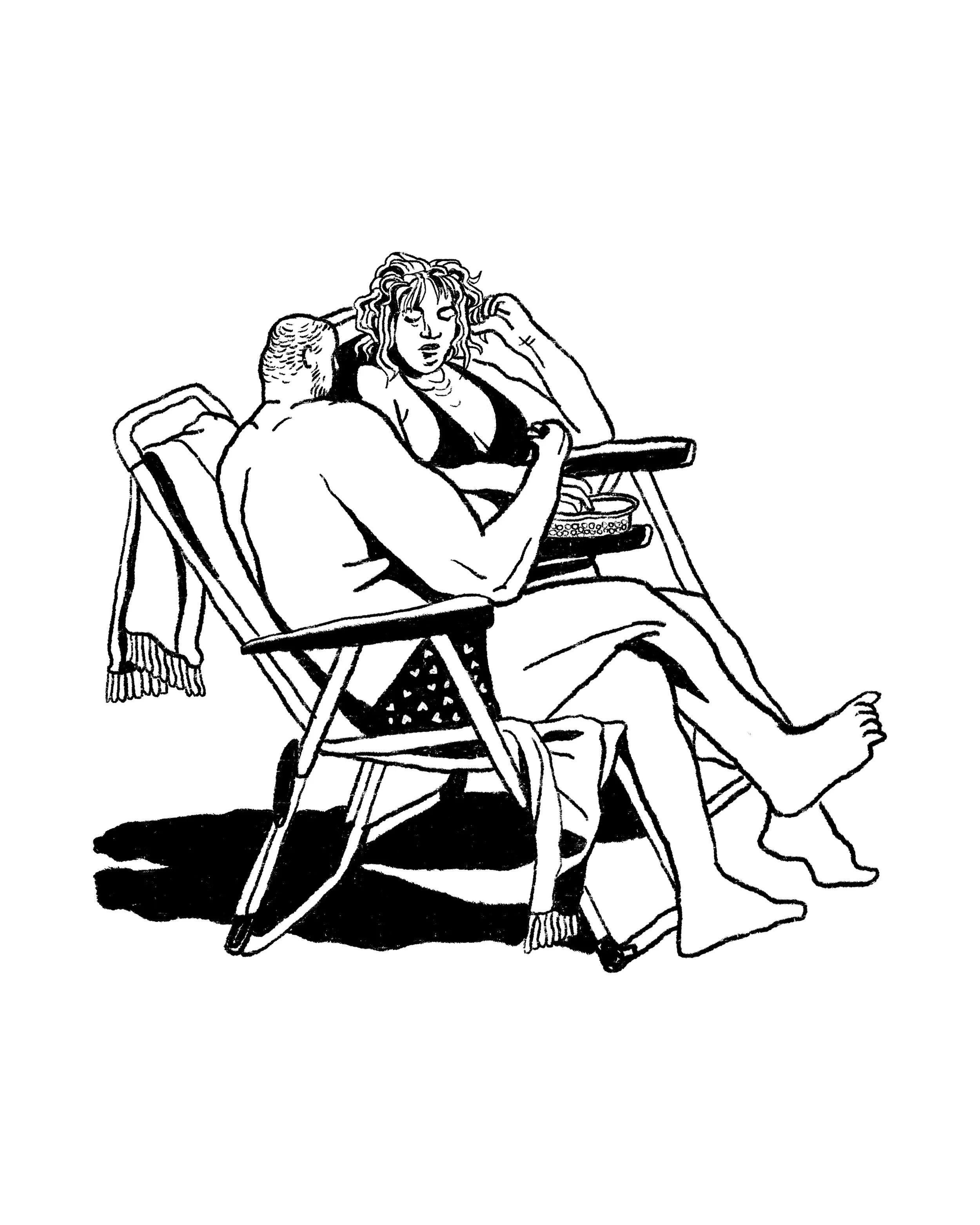 Black and white line drawing of a woman with curly hair sitting in a wheelchair, with a man leaning towards her, holding her hand and talking to her.