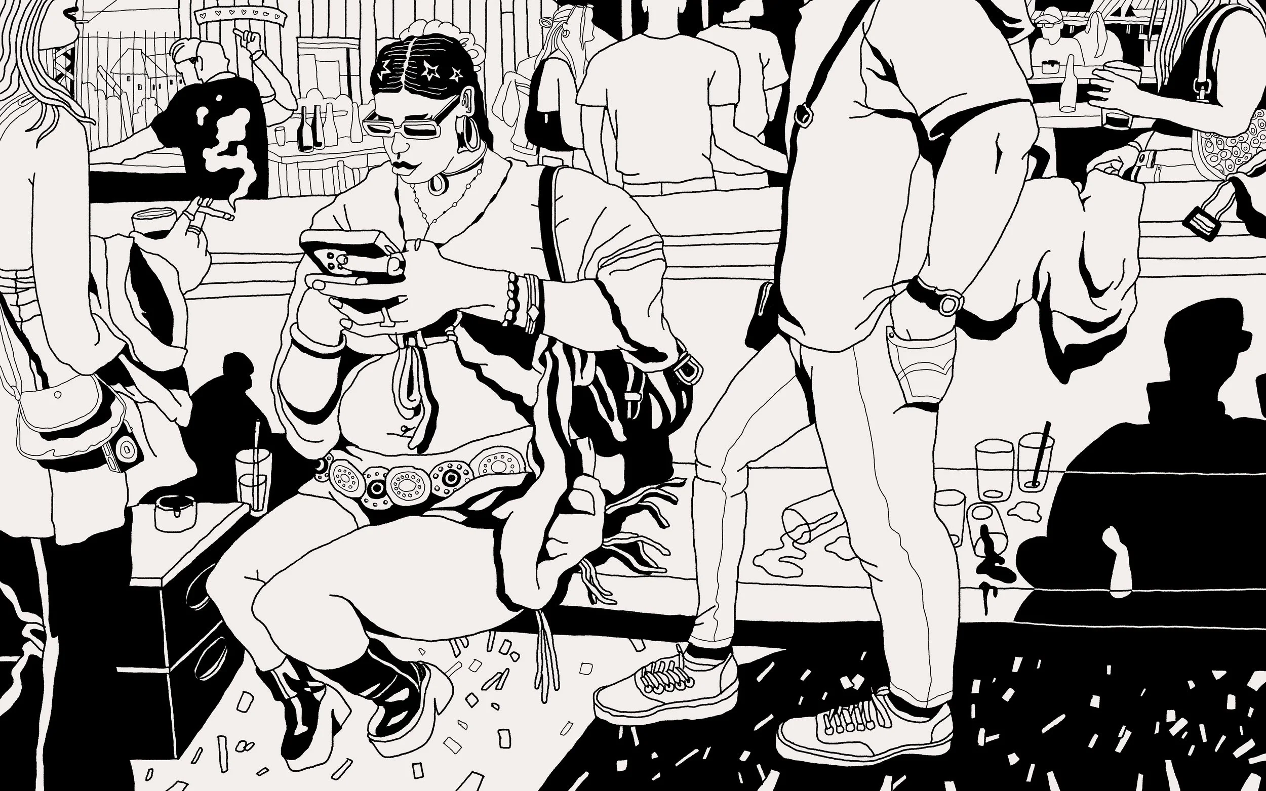 Line art illustration of people at a lively outdoor party or gathering, with some sitting and others standing, drinking, talking, and using their phones, with confetti and drinks on the ground.