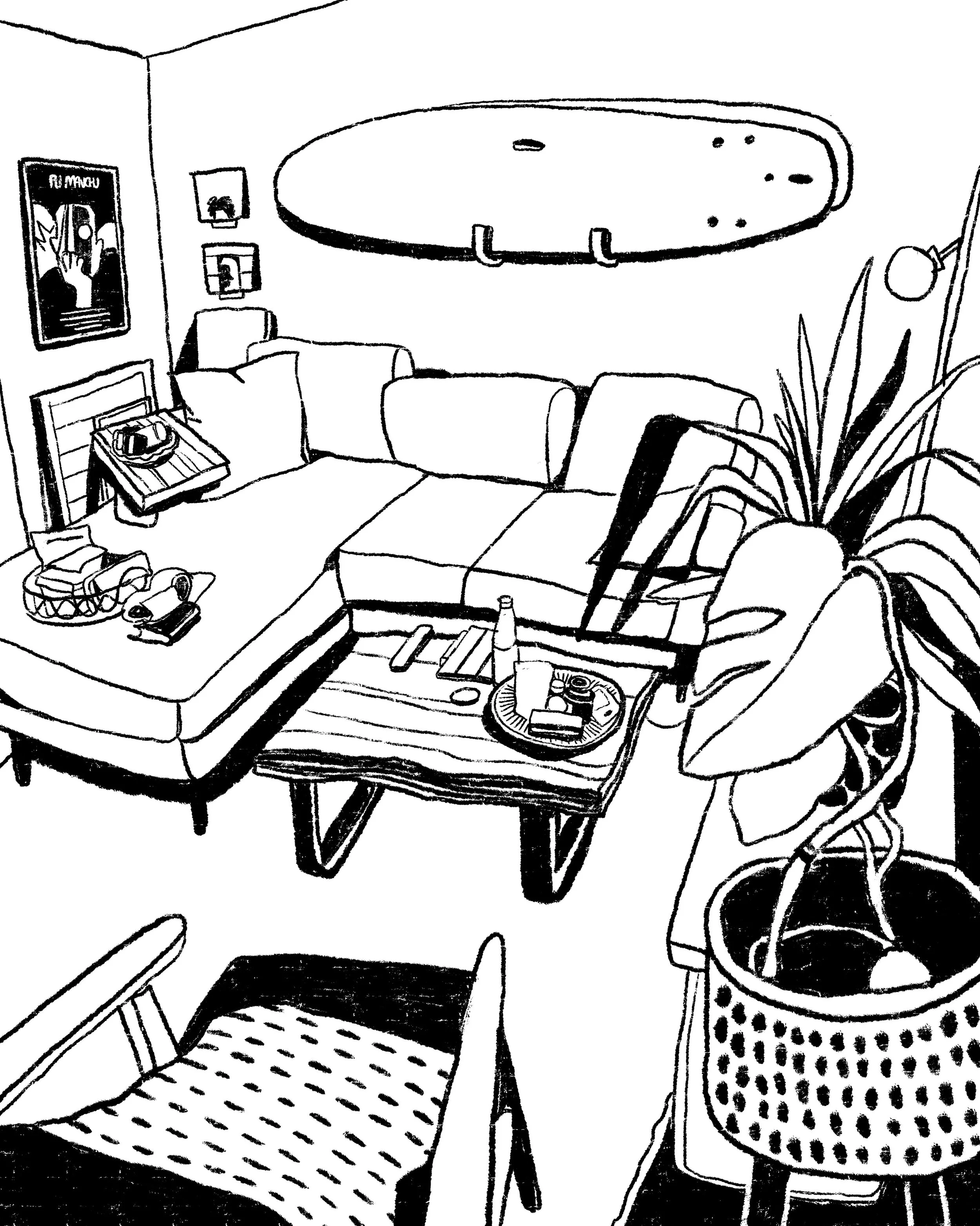 Black and white sketch of a cozy living room with a sofa, chairs, a coffee table, various decorations, a large potted plant, and a skateboard mounted on the wall.
