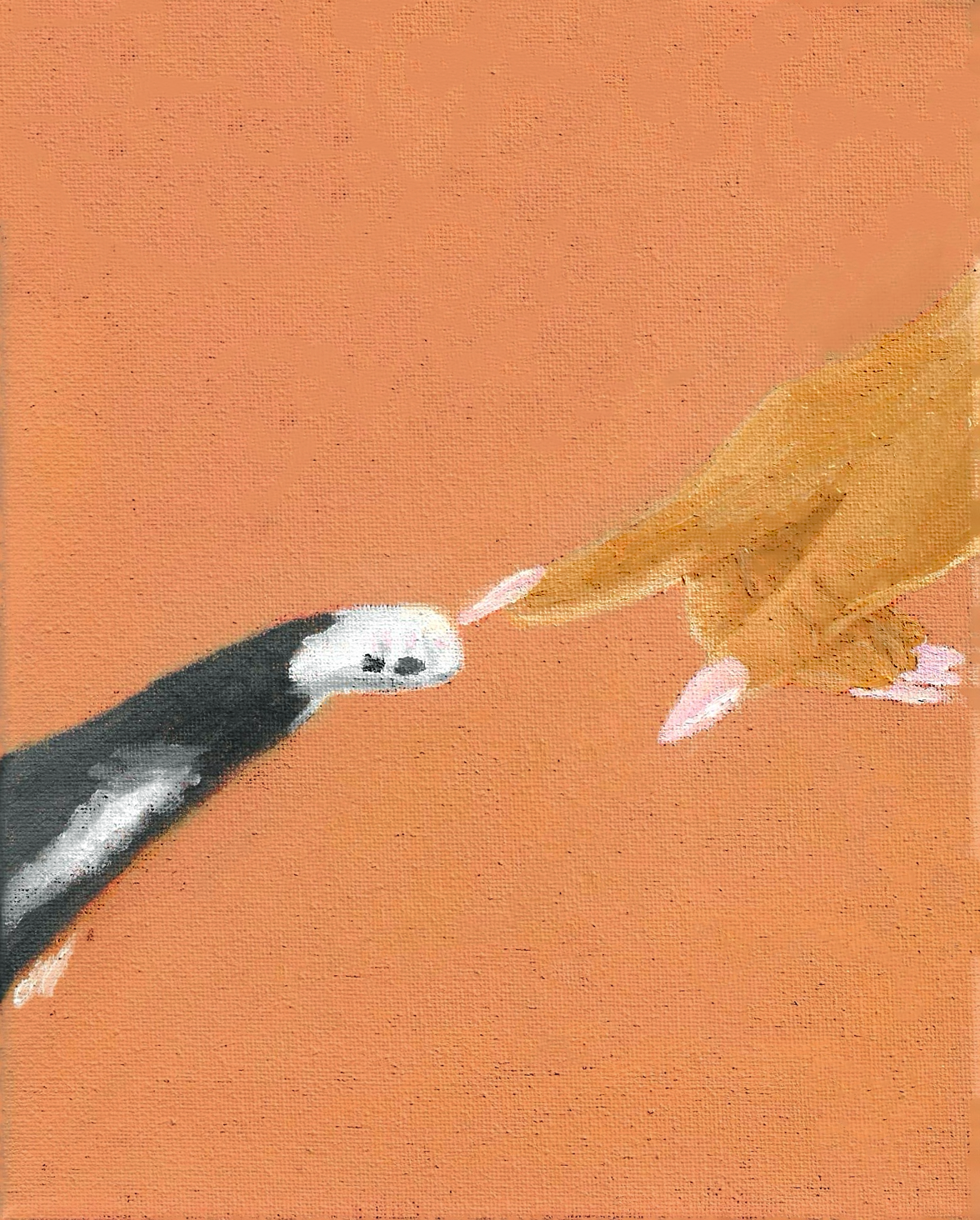 A hand holding a pink paintbrush touches the nose of a black and white drawing of an animal against a warm orange background.