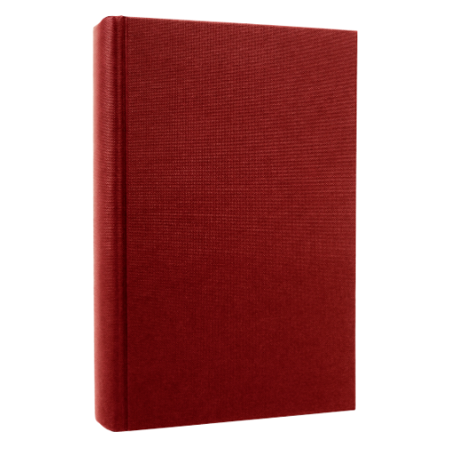 Red hardcover book standing upright on a plain background.
