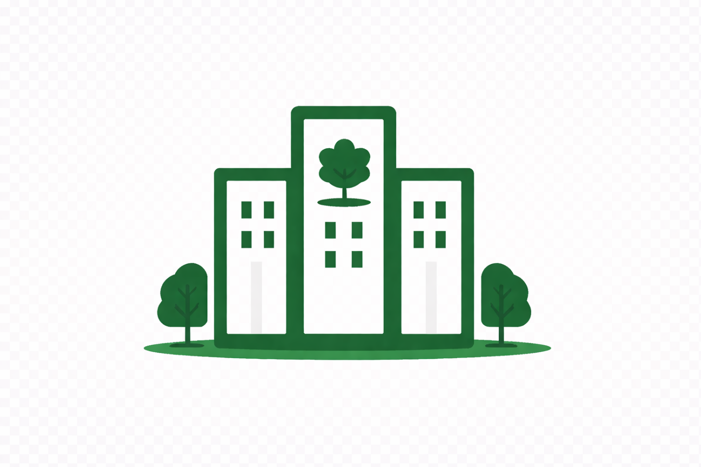 Illustration of a modern building with trees and greenery around it.