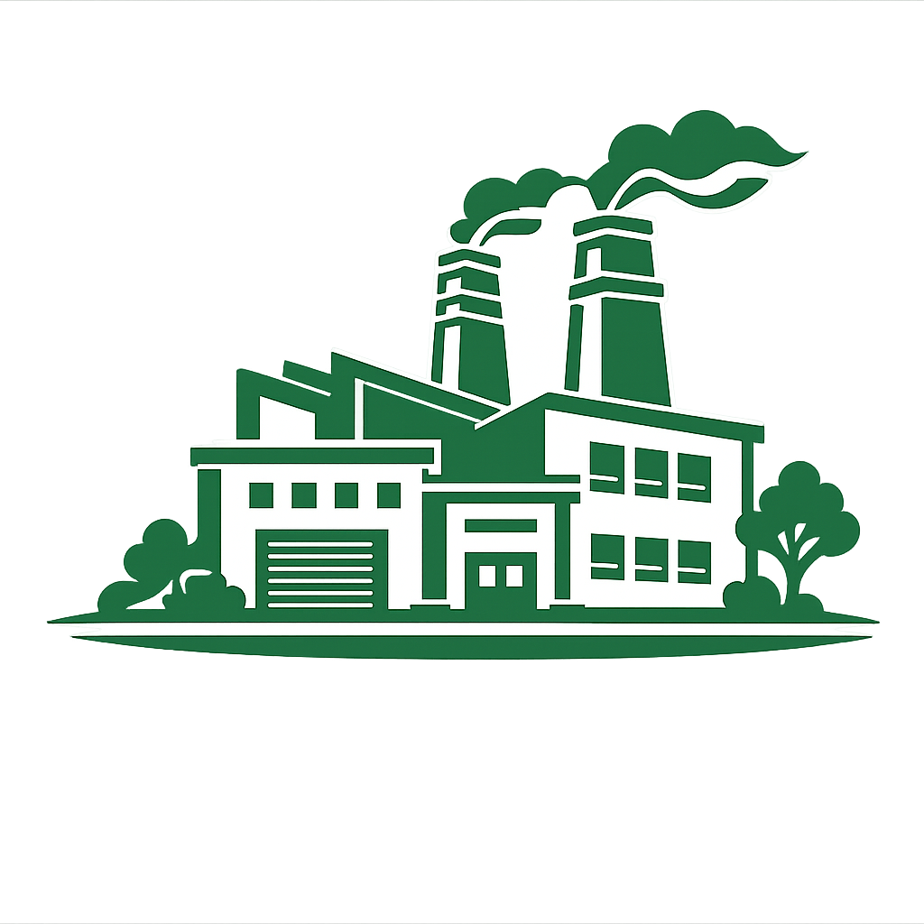 Illustration of a factory with smokestacks emitting smoke, trees, and a building with garage doors.