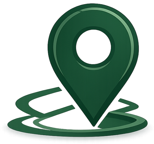A green map pin icon on a circular map marker.