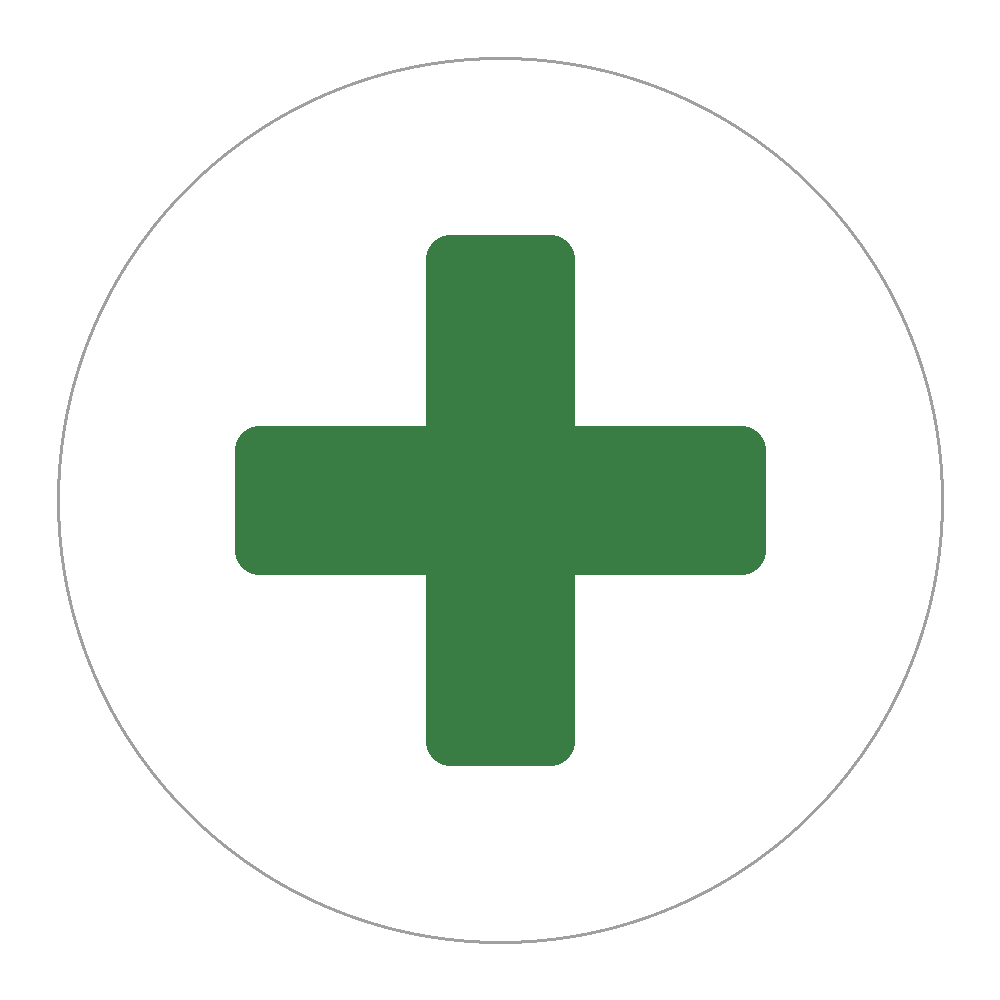 Green medical cross symbol on a white circular background.