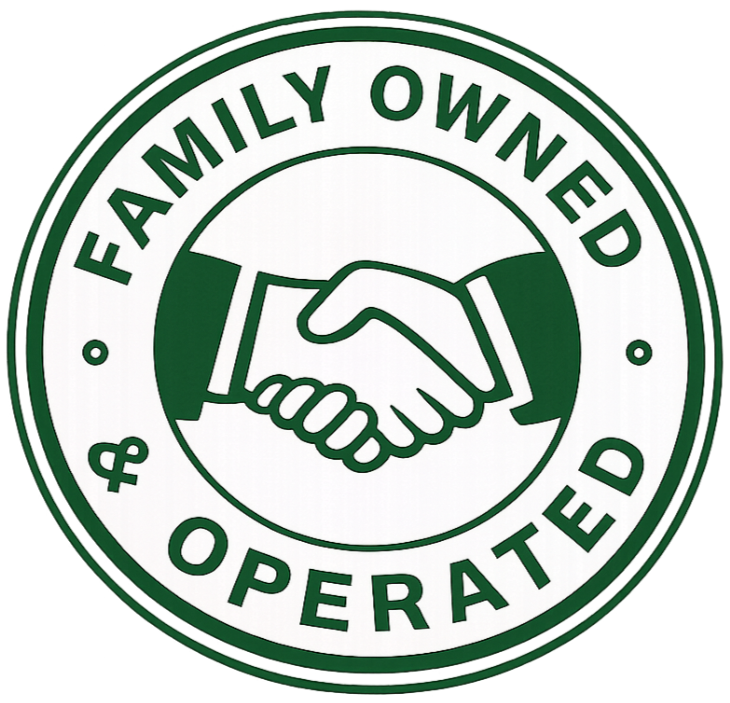 A circular emblem with the words 'FAMILY OWNED & OPERATED' around the perimeter. The center depicts a handshake.
