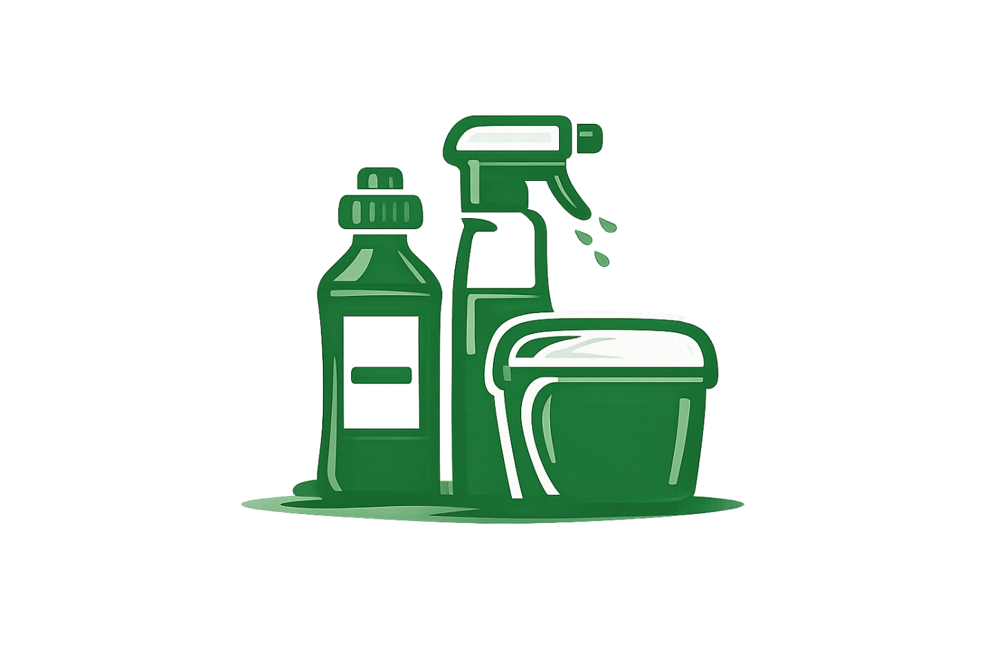 Illustration of cleaning supplies, including a spray bottle, a smaller bottle, and a bucket