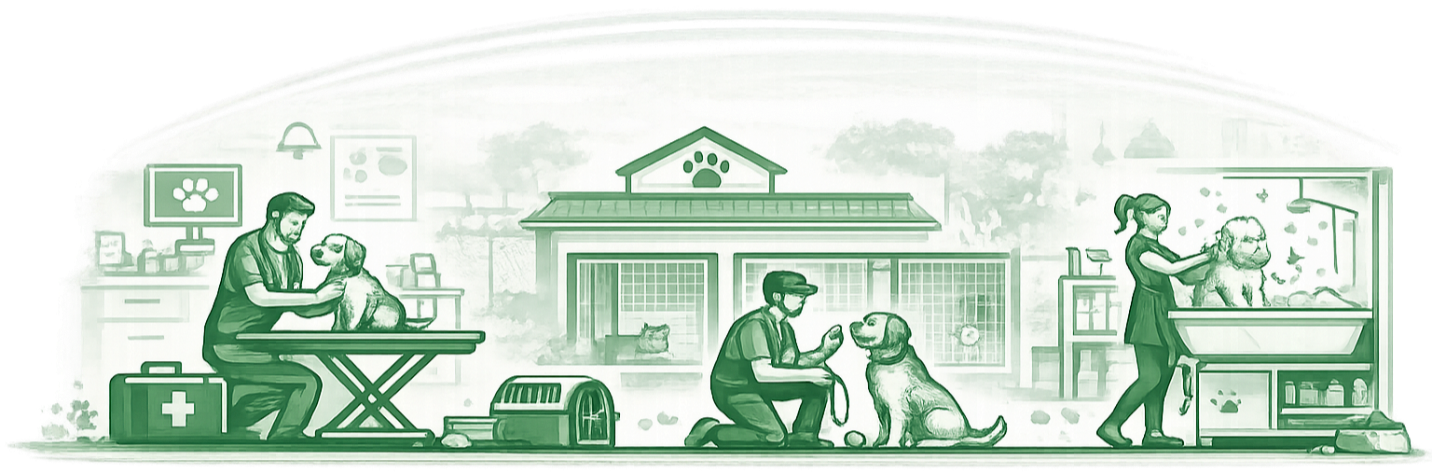 Illustration of a veterinary clinic with various staff caring for animals, including a person examining a dog, a person at a grooming station, a person with a dog outside near the clinic, and a person in an animal enclosure.