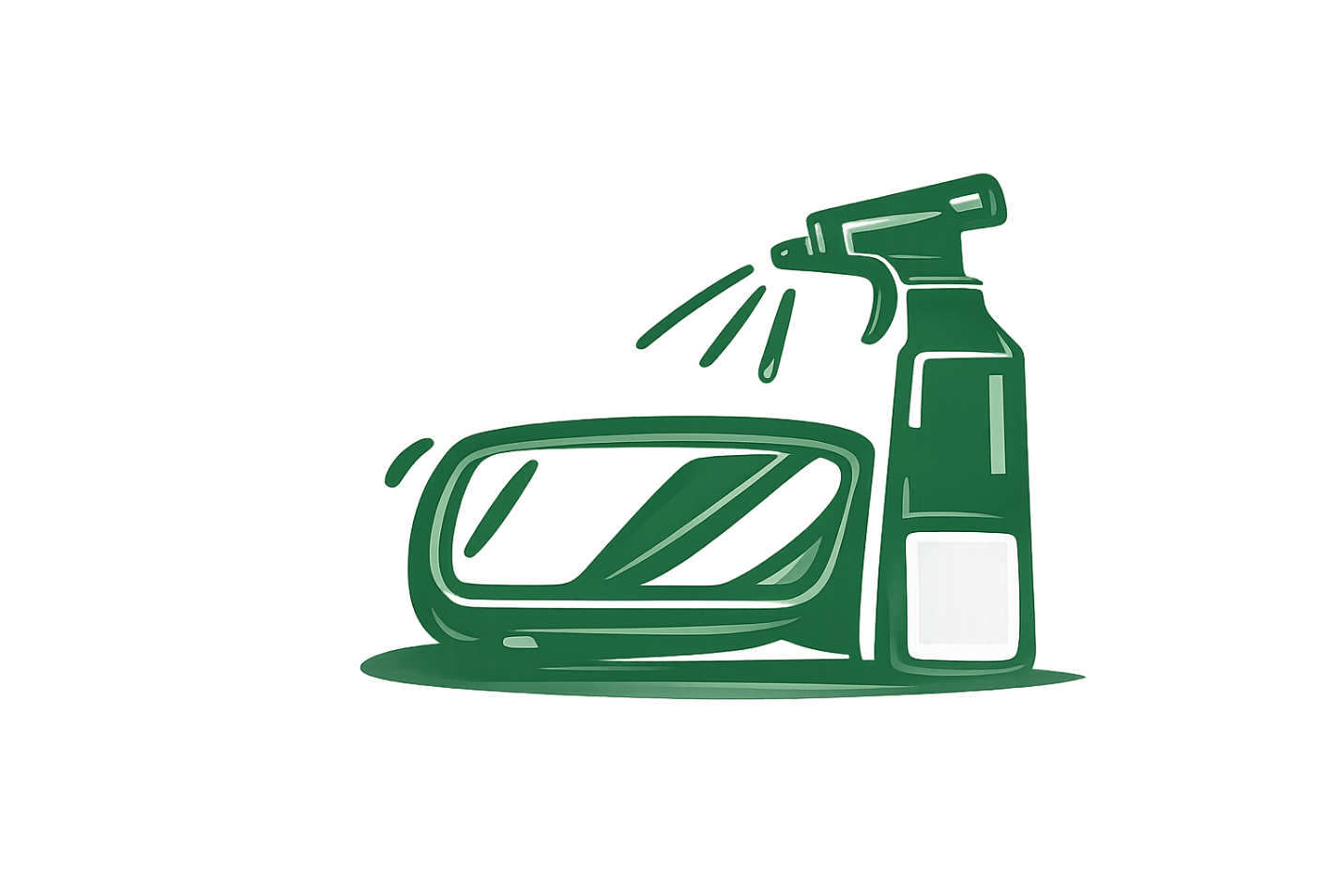 Digital illustration of a green spray bottle, a spray nozzle, and a scraper tool, representing cleaning supplies.