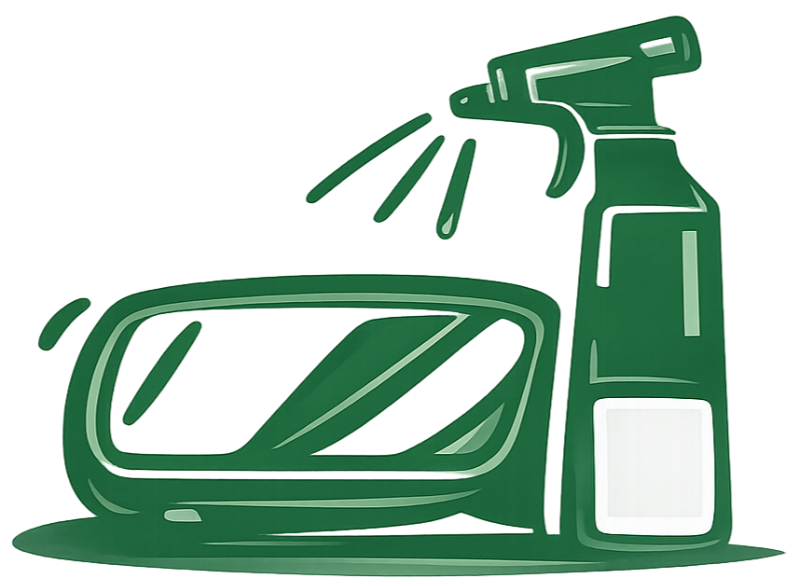 Illustration of a spray bottle spraying cleaner onto a sponge or scrubber.