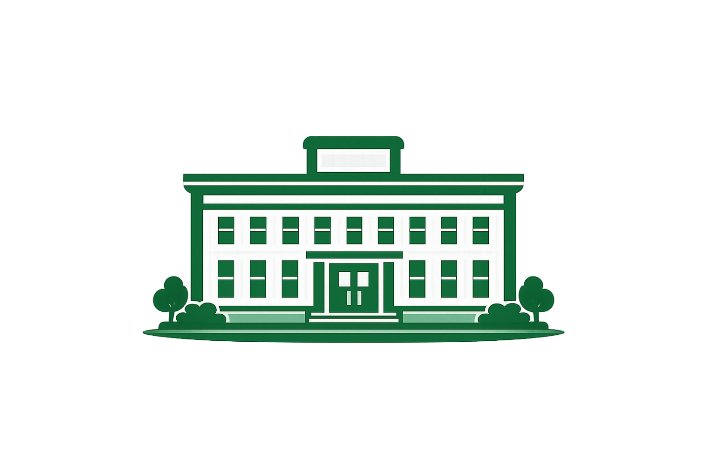 Illustration of a white multi-story building with a green roof and surroundings, depicted in a minimalist style.