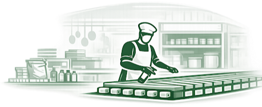 A person in a kitchen, wearing a cooking apron and hat, slicing ingredients on a cutting board.