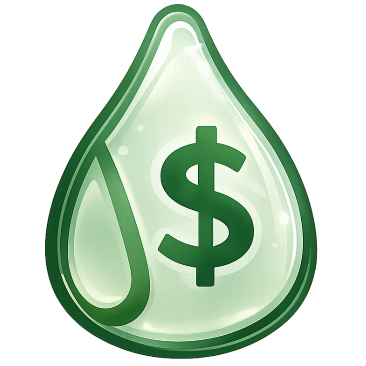 A cartoon illustration of a green dollar sign inside a droplet shape resembling an oil or liquid droplet.