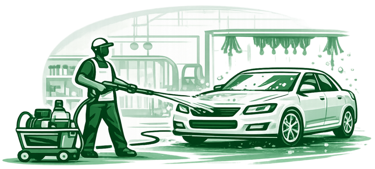 A person in protective gear cleaning a car in a car wash.