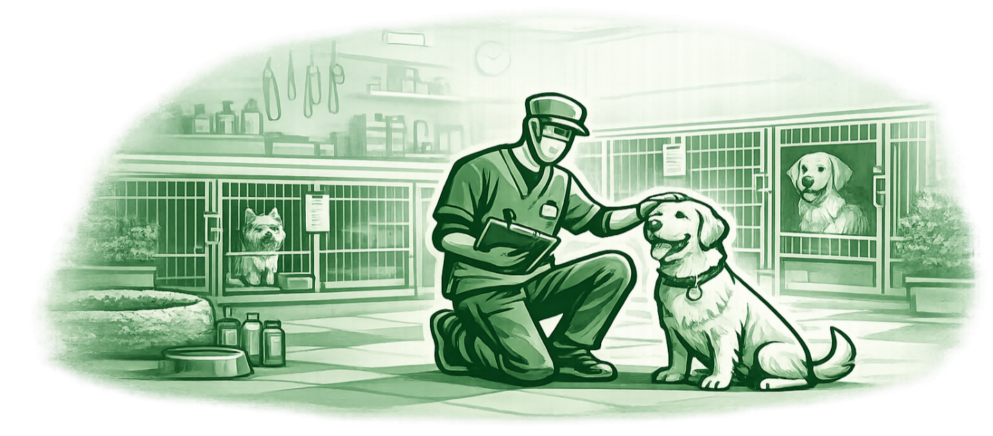 A veterinarian kneeling and petting a sitting dog inside a pet shelter, with kennels and other animals in the background.
