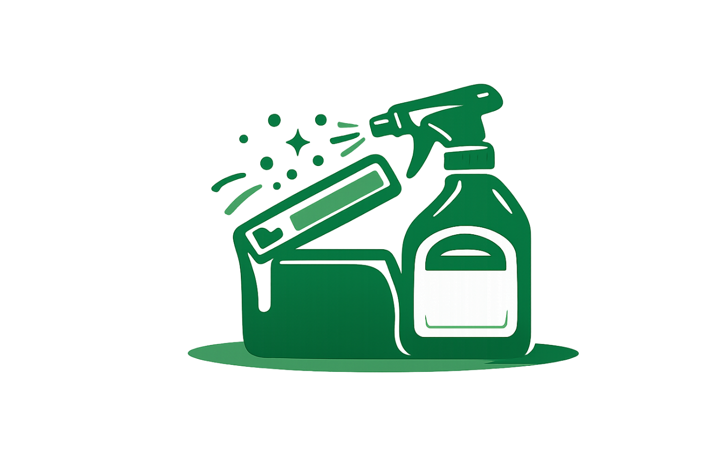 Line art illustration of a spray bottle and cleaning supplies on a tray.
