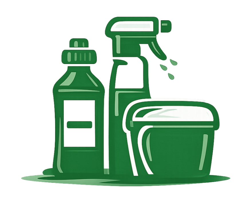 Illustration of various cleaning supplies including a spray bottle, a bottle, and a bucket.