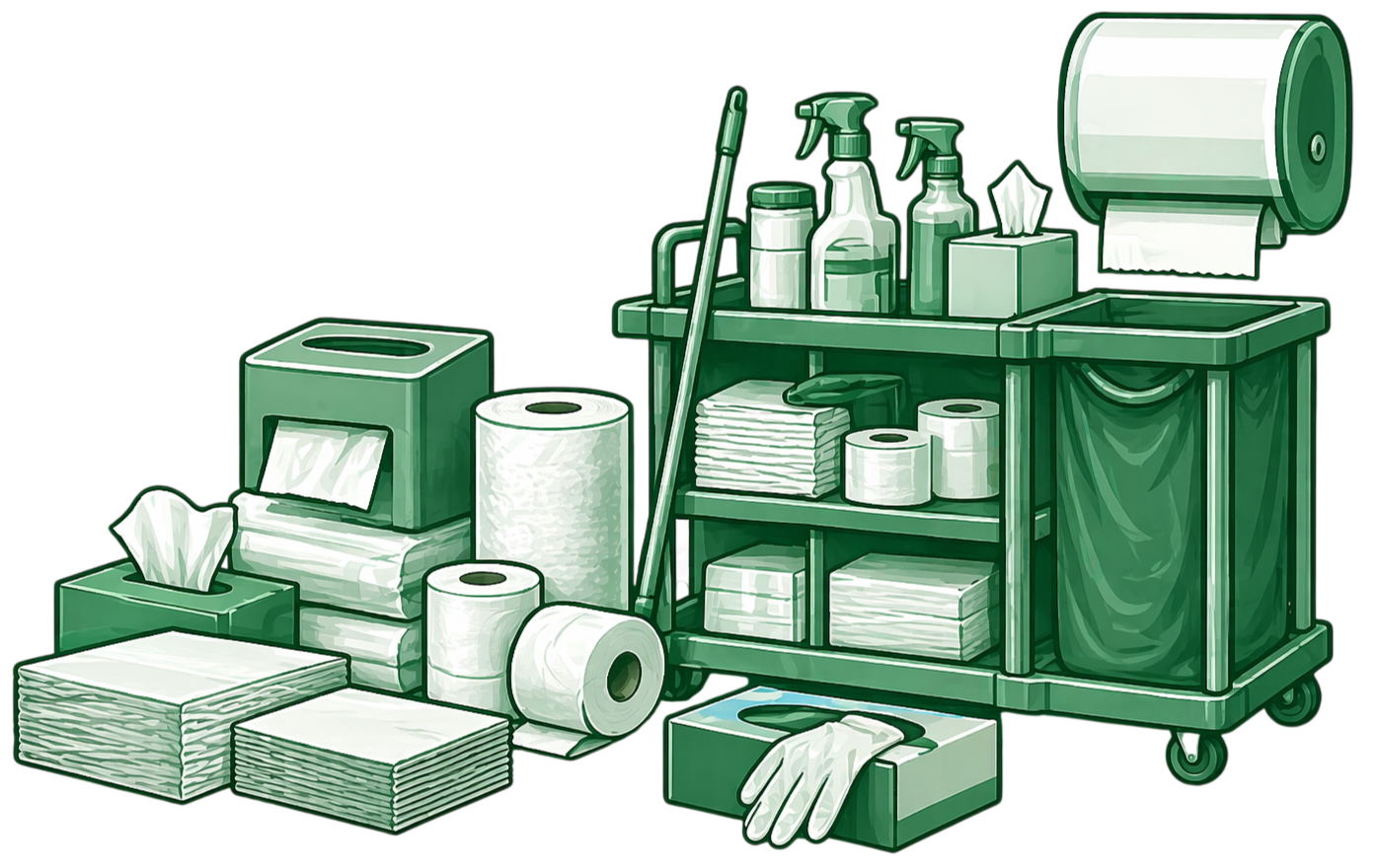 Cleaning supplies and paper products organized on a green utility cart, including spray bottles, tissue box, paper towels, disposable gloves, and napkins.