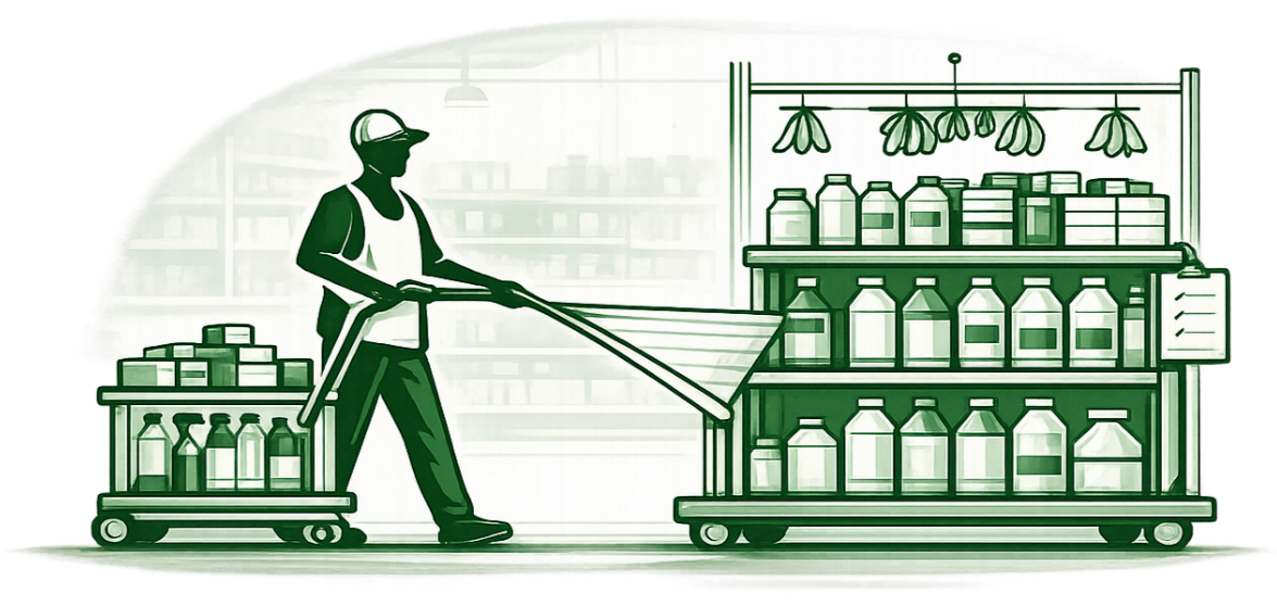 Illustration of a person shopping for groceries, pushing a shopping cart filled with bottles and cans through a grocery store aisle, with shelves stocked with bottles and containers in the background.