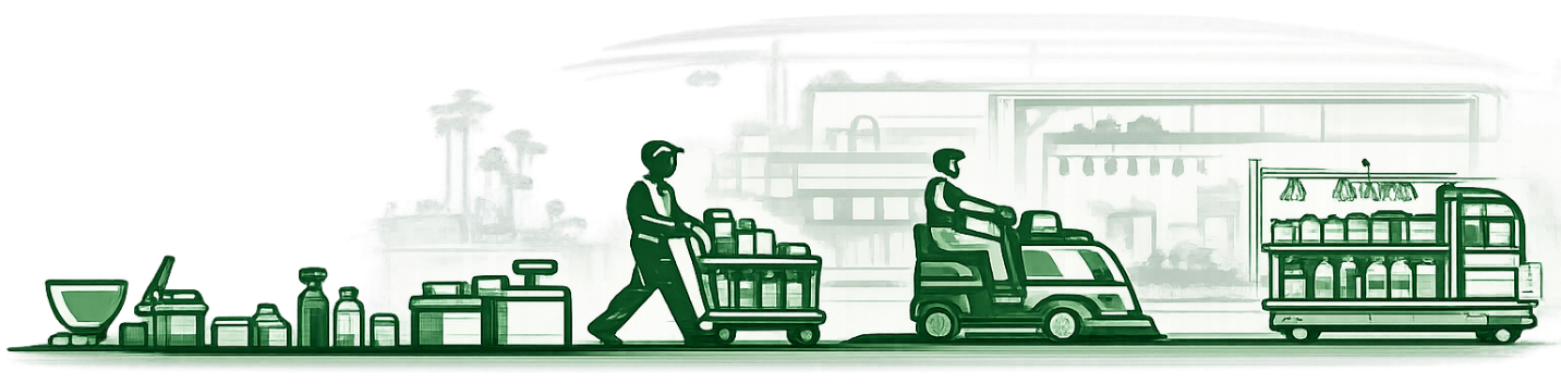 Illustration of a grocery store with workers and machinery, showing a person pushing a cart, a person riding a shop floor vehicle, and another cart with packaged goods, set against a store background.