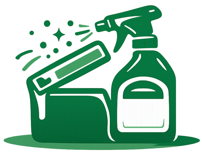 Illustration of cleaning supplies including a spray bottle, a scrubbing brush, and a container with a scrubber.
