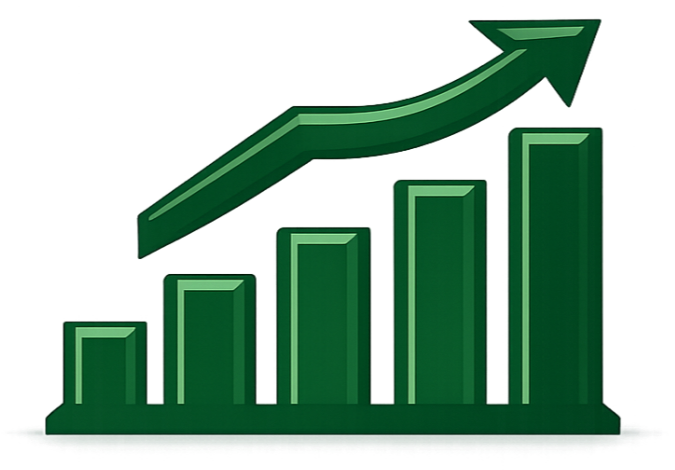 Green bar chart with an upward trending arrow indicating growth or increase