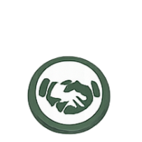 A circular logo with two shaking hands in the center, surrounded by a green border.