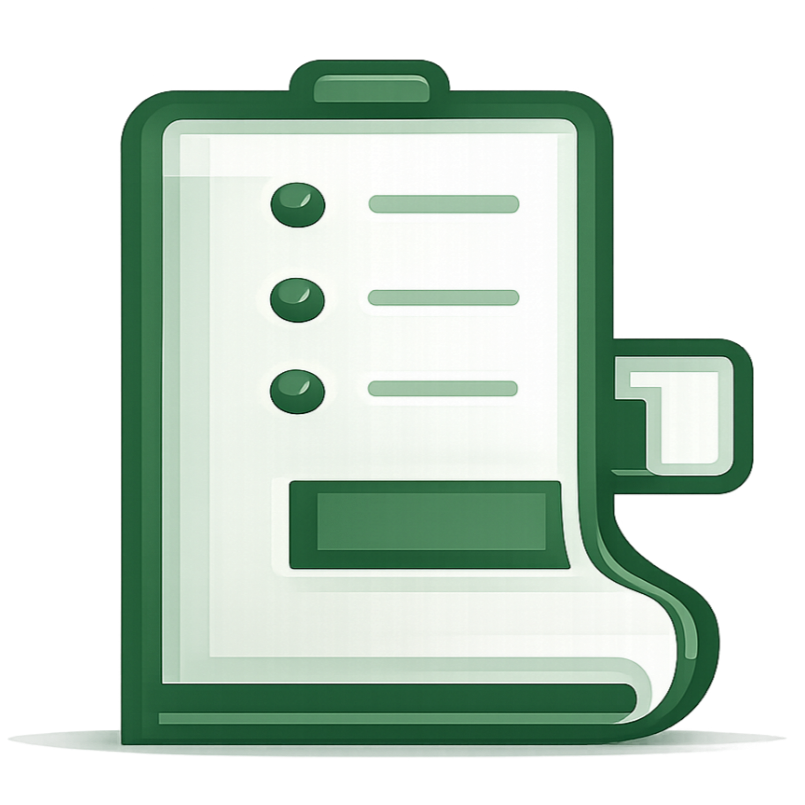 Digital illustration of a receipt or list with three bullet points and a rectangular space, in green and white colors, with a small tab on the right side.