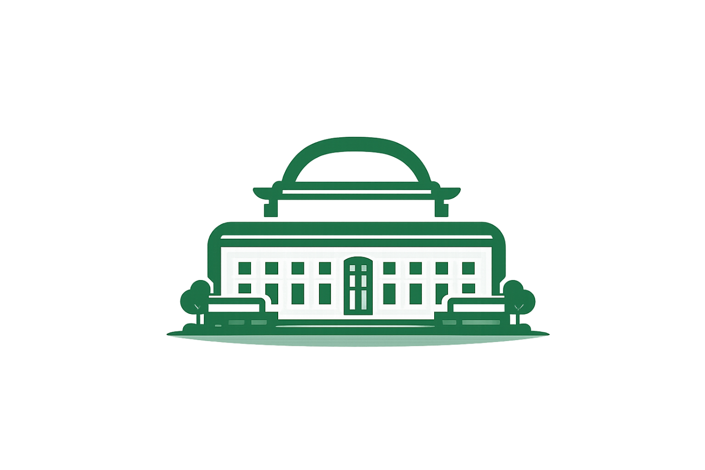 Illustration of a government or institutional building with a dome, surrounded by small trees and benches.