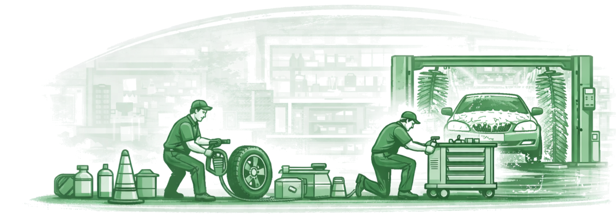Automotive repair shop with two mechanics working on a car. One mechanic is examining a tire, and the other is kneeling at a workbench with tools. There are various tools and equipment like cones, bottles, and a tire, along with a car lift and a partially disassembled car.