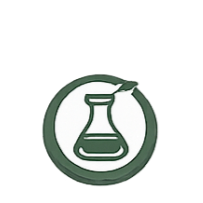 Logo of a laboratory flask with a leaf, inside a circular border