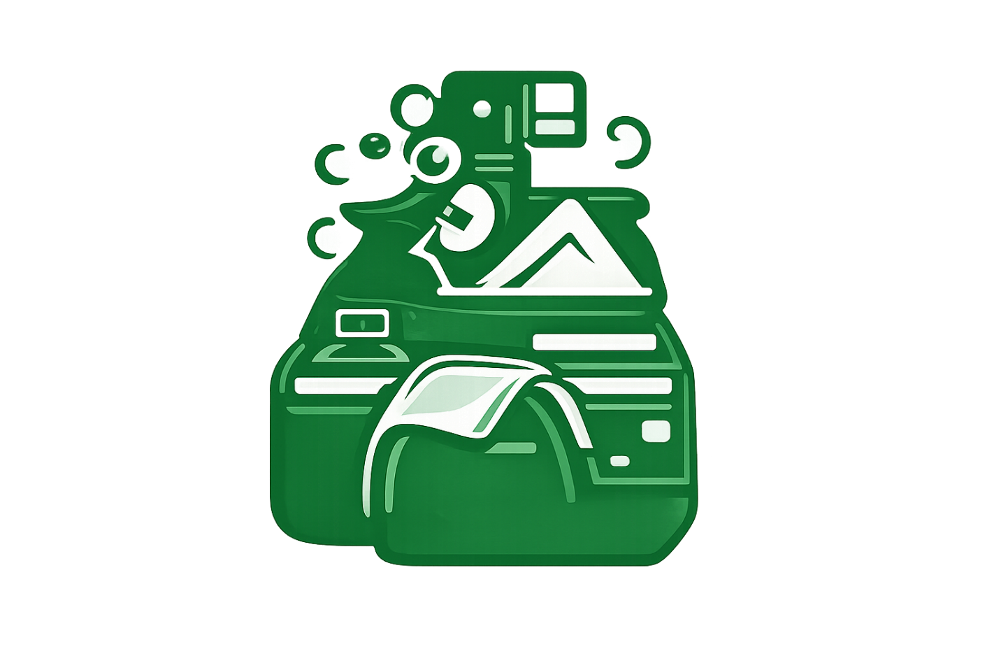 Illustration of a green tote bag filled with various electronics and accessories, including a laptop, a tablet, a USB flash drive, and other gadgets.