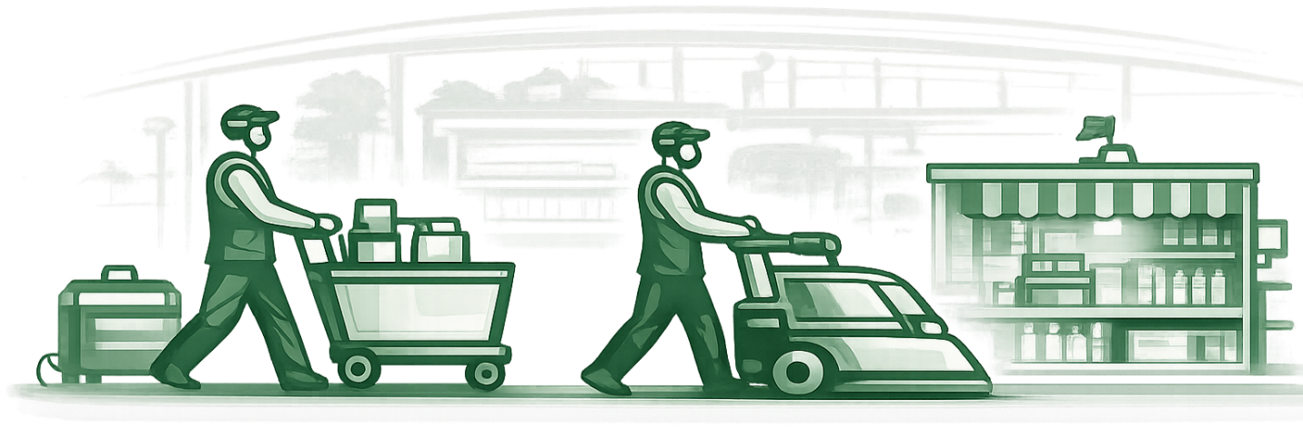 Illustration of two workers in a supermarket aisle, one pushing a shopping cart and the other pushing a grocery cart, with a shopping basket on a trolley, and shelves filled with various products in the background.