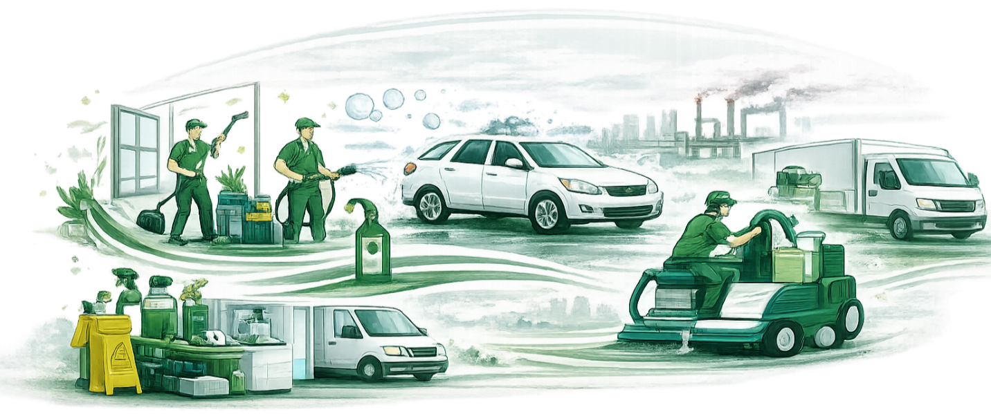 Illustration of various sanitation and cleaning services, including workers washing a car, cleaning a truck, and handling cleaning supplies, with delivery vans and cityscape in the background.