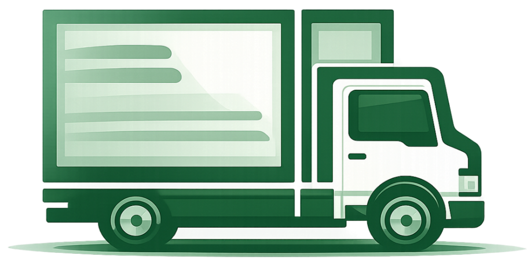 Green delivery truck with large cargo box on the back containing white and green design elements.